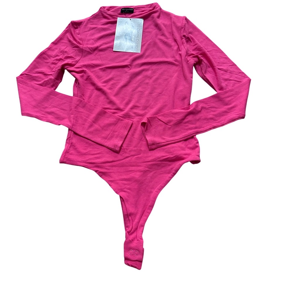 Naked Wardrobe Women's Hot Pink Mock Neck Long Sleeve Thong Bodysuit Size Medium